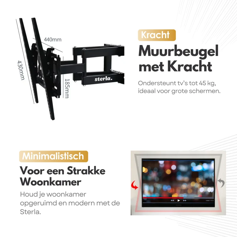Sterla TV Muurbeugel – Draaibaar en Kantelbaar – Full Motion Beugel Geschikt voor 26-55 Inch TV’s tot 45KG – Universeel Ontwerp