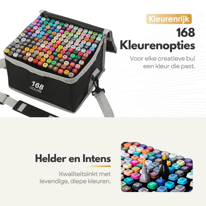 Sterla Premium Twinmarkers Markeerstiften – 168-delige Alcohol Markers Stiften met Drie Tips in Eén Marker en Inclusieve Opbergtas