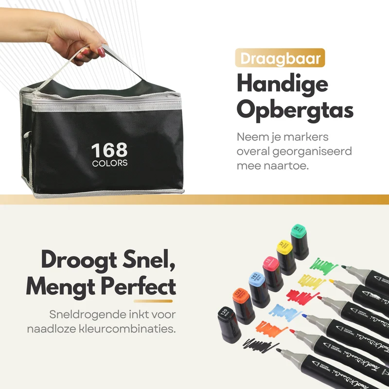 Sterla Premium Twinmarkers Markeerstiften – 168-delige Alcohol Markers Stiften met Drie Tips in Eén Marker en Inclusieve Opbergtas