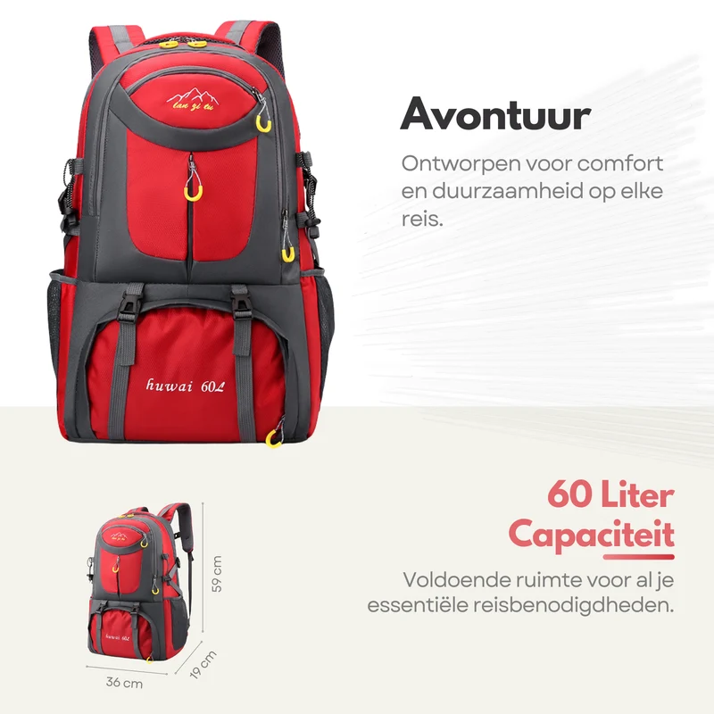 Sterla Premium Backpack 60L – Duurzame Reistas met Verstelbaar Rugsysteem, Regenhoes & Veiligheidsfluitje - Rood