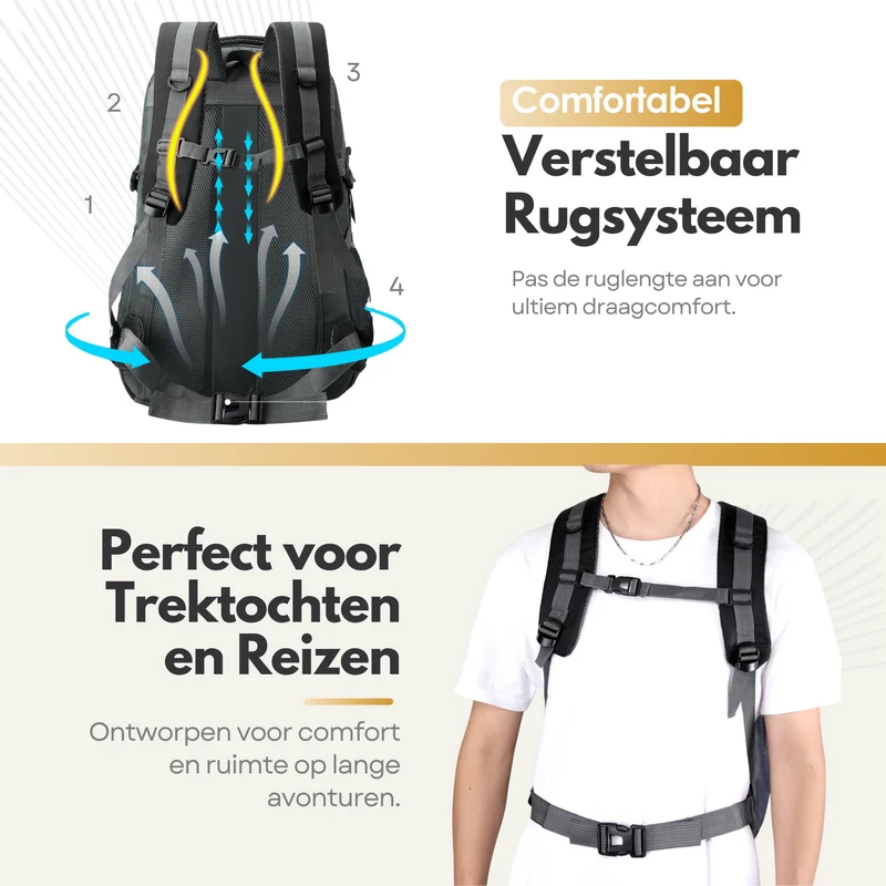 Sterla Premium Backpack 60L – Duurzame Reistas met Verstelbaar Rugsysteem, Regenhoes & Veiligheidsfluitje - Grijs