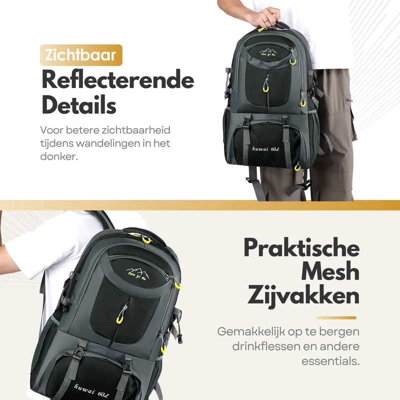 Sterla Premium Backpack 60L – Duurzame Reistas met Verstelbaar Rugsysteem, Regenhoes & Veiligheidsfluitje - Grijs
