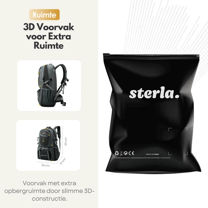 Sterla Premium Backpack 60L – Duurzame Reistas met Verstelbaar Rugsysteem, Regenhoes & Veiligheidsfluitje - Grijs