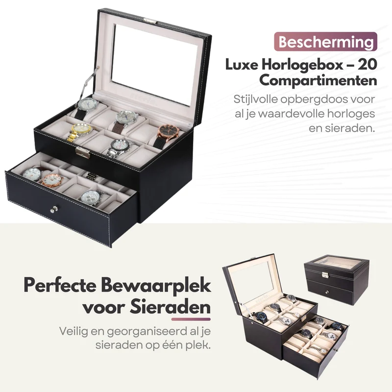 Sterla Luxe Horlogedoos voor 20 Horloges – Bescherm en Bewaar in Stijl Horlogebox - Zwart