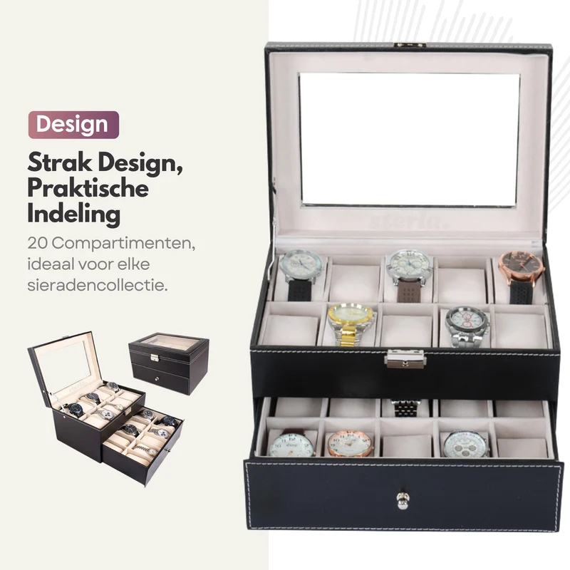 Sterla Luxe Horlogedoos voor 20 Horloges – Bescherm en Bewaar in Stijl Horlogebox - Zwart