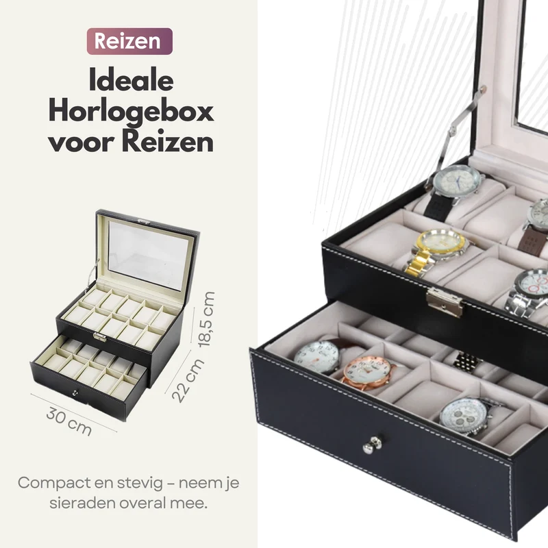 Sterla Luxe Horlogedoos voor 20 Horloges – Bescherm en Bewaar in Stijl Horlogebox - Zwart