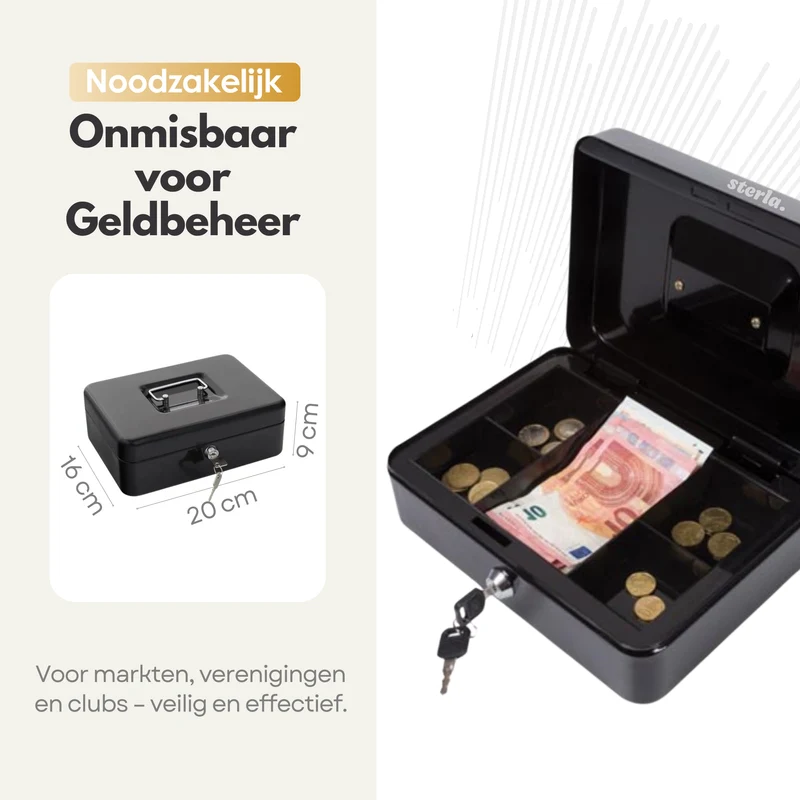 Sterla Geldkist – Metalen Geldkistje 20 x 16 x 9 cm Robuuste Geldkluis voor Veilig Geldbeheer – Zwart