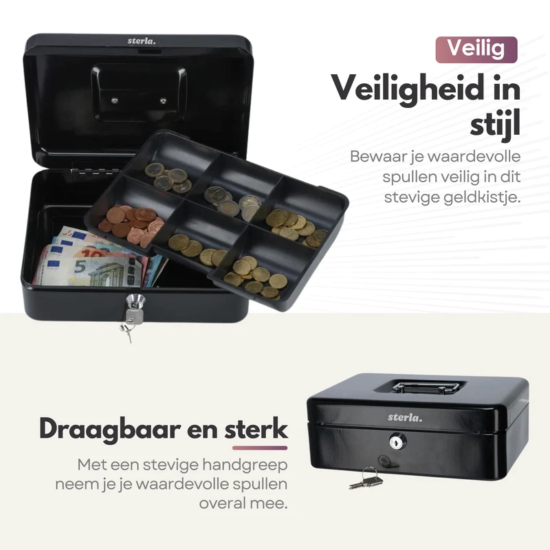 Sterla Geldkist – Metalen Geldkistje 20 x 16 x 9 cm Robuuste Geldkluis voor Veilig Geldbeheer – Zwart