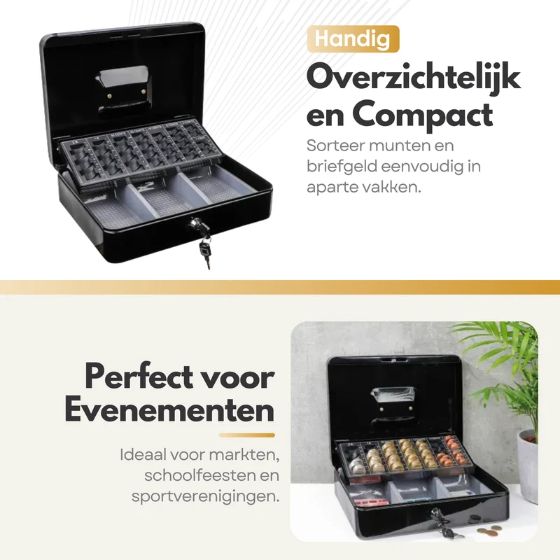 Sterla Geldkist – Met Sleutel en Muntsorteerder – Geldkistje Metaal 30 x 24 x 9 cm – Robuuste Geldlade met Biljetten- en Muntenbak – Zwart