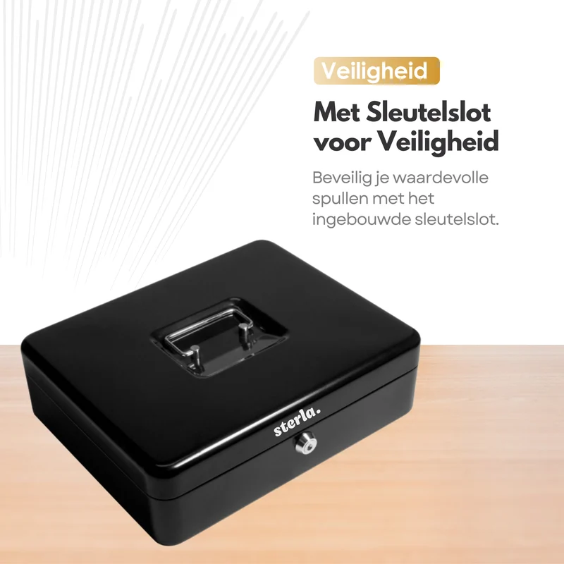 Sterla Geldkist – Met Sleutel en Muntsorteerder – Geldkistje Metaal 30 x 24 x 9 cm – Robuuste Geldlade met Biljetten- en Muntenbak – Zwart