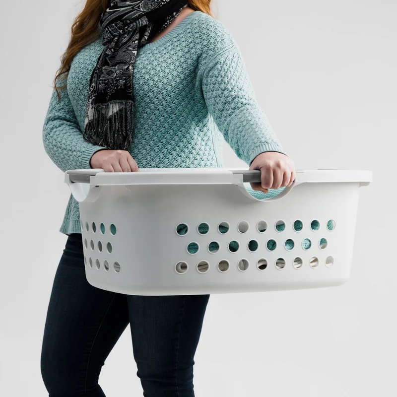 48L Plastic Hip Hold Laundry Basket Hamper Organizer with Built-In Comfort Carry Handles, 1.3 Bushel, for Closet, Dorm, Laundry Room, Bedroom, Nestable, Ventilation Hole, Large, White