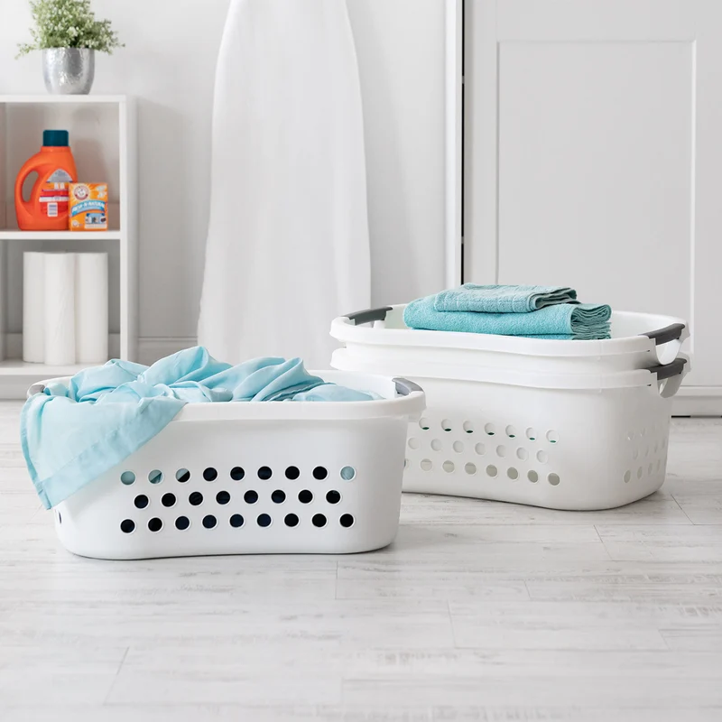 48L Plastic Hip Hold Laundry Basket Hamper Organizer with Built-In Comfort Carry Handles, 1.3 Bushel, for Closet, Dorm, Laundry Room, Bedroom, Nestable, Ventilation Hole, Large, White