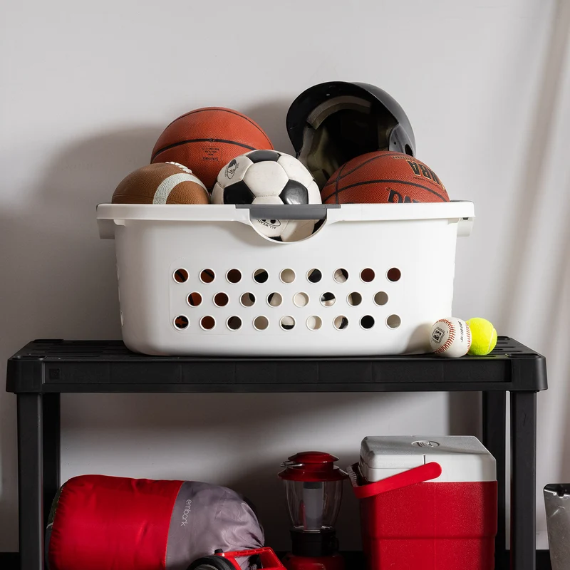 48L Plastic Hip Hold Laundry Basket Hamper Organizer with Built-In Comfort Carry Handles, 1.3 Bushel, for Closet, Dorm, Laundry Room, Bedroom, Nestable, Ventilation Hole, Large, White