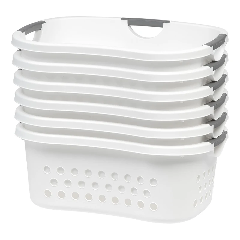 48L Plastic Hip Hold Laundry Basket Hamper Organizer with Built-In Comfort Carry Handles, 1.3 Bushel, for Closet, Dorm, Laundry Room, Bedroom, Nestable, Ventilation Hole, Large, White