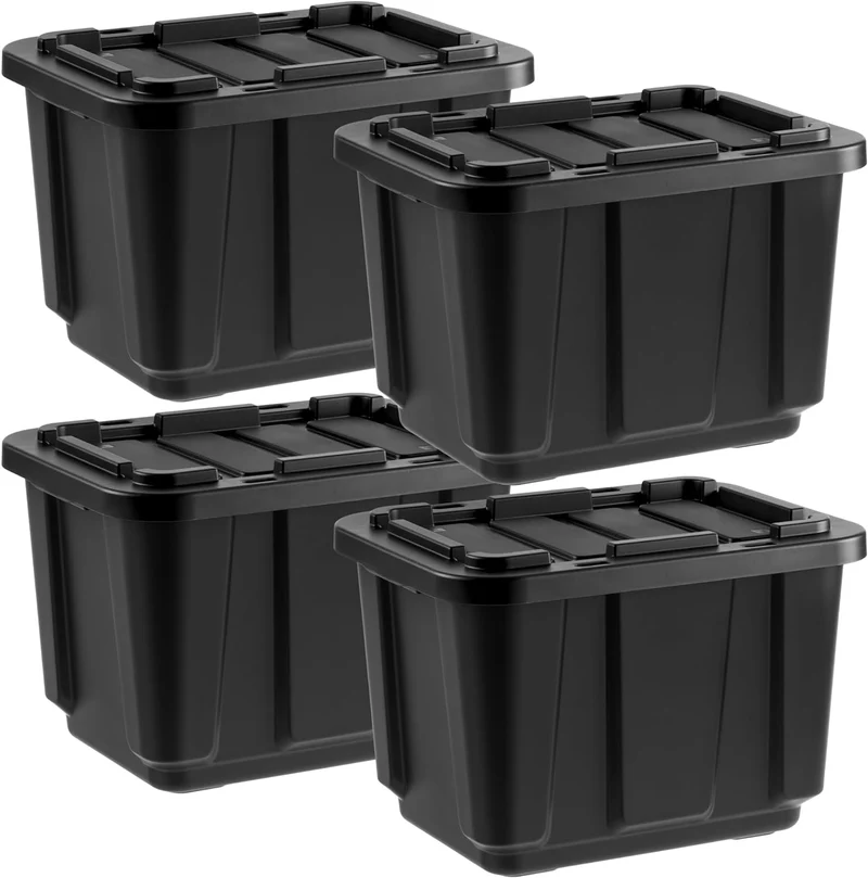 IRIS USA 11.5Gal/46Qt 4 Pack All-Weather Heavy-Duty Stackable Storage Plastic Bin Tote Container with Quick Snap Lid, (20" L x 15" W x 14" H), Black