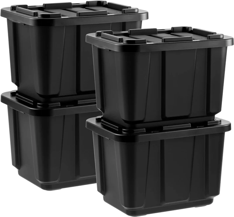 IRIS USA 11.5Gal/46Qt 4 Pack All-Weather Heavy-Duty Stackable Storage Plastic Bin Tote Container with Quick Snap Lid, (20" L x 15" W x 14" H), Black