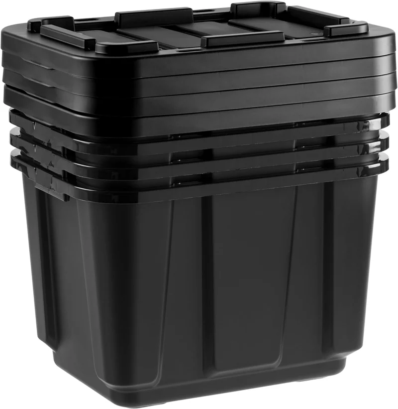 IRIS USA 11.5Gal/46Qt 4 Pack All-Weather Heavy-Duty Stackable Storage Plastic Bin Tote Container with Quick Snap Lid, (20" L x 15" W x 14" H), Black