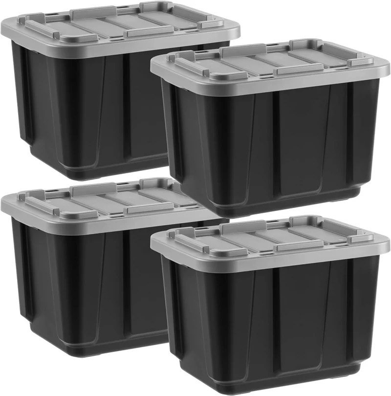 IRIS USA 11.5 Gallon All-Weather Heavy-Duty Stackable Storage Plastic Bin Tote Container with Quick Snap Lid (20" L x 15" W x 14" H), Black/Gray, 4Pack