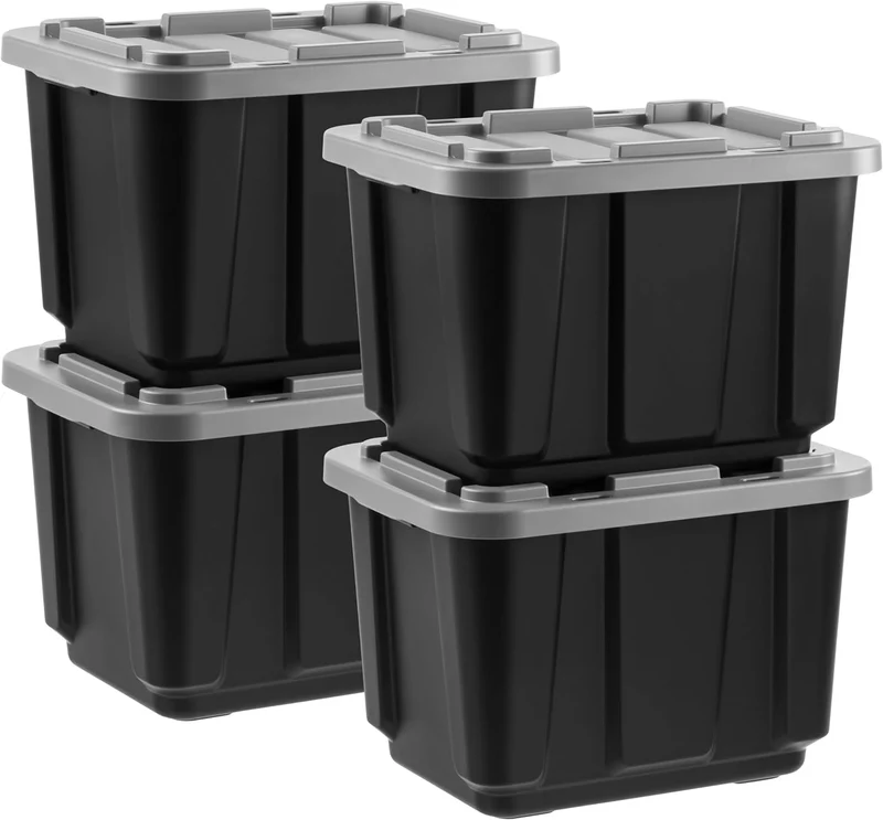 IRIS USA 11.5 Gallon All-Weather Heavy-Duty Stackable Storage Plastic Bin Tote Container with Quick Snap Lid (20" L x 15" W x 14" H), Black/Gray, 4Pack