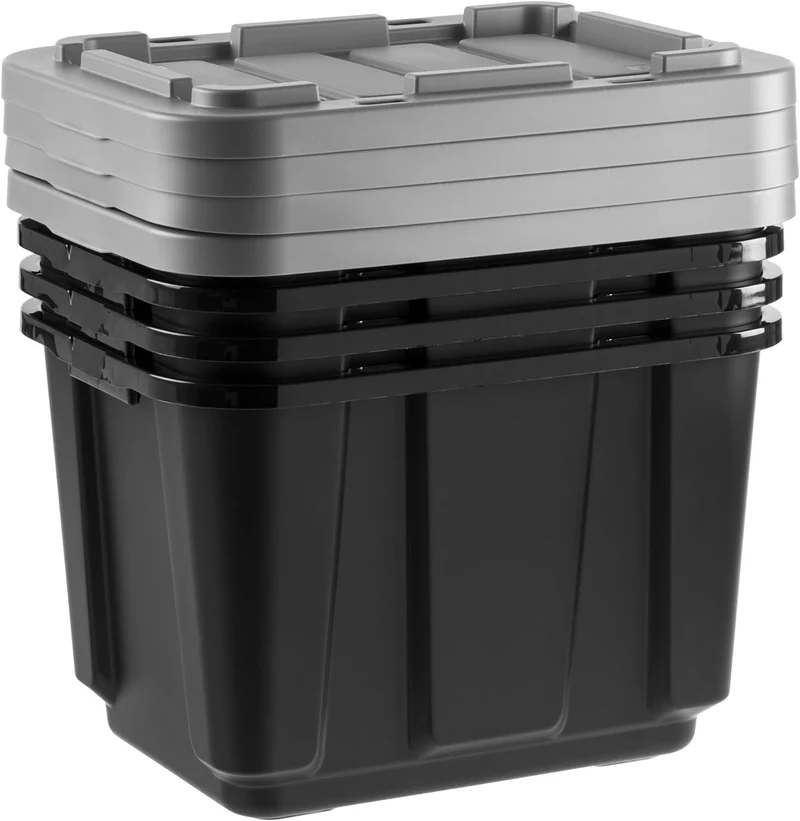 IRIS USA 11.5 Gallon All-Weather Heavy-Duty Stackable Storage Plastic Bin Tote Container with Quick Snap Lid (20" L x 15" W x 14" H), Black/Gray, 4Pack
