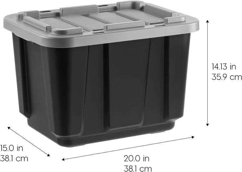 IRIS USA 11.5 Gallon All-Weather Heavy-Duty Stackable Storage Plastic Bin Tote Container with Quick Snap Lid (20" L x 15" W x 14" H), Black/Gray, 4Pack