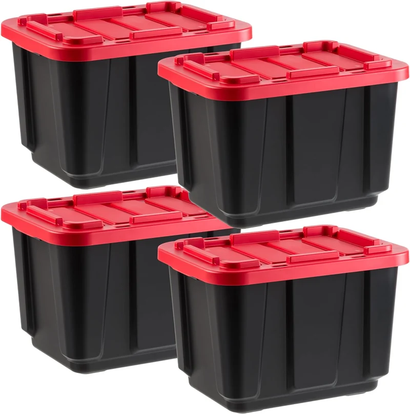 IRIS USA 11.5Gal/46Qt 4 Pack All-Weather Heavy-Duty Stackable Storage Plastic Bin Tote Container with Quick Snap Lid (20" L x 15" W x 14" H) Black/Red