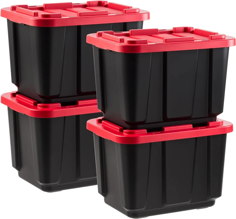 IRIS USA 11.5Gal/46Qt 4 Pack All-Weather Heavy-Duty Stackable Storage Plastic Bin Tote Container with Quick Snap Lid (20" L x 15" W x 14" H) Black/Red