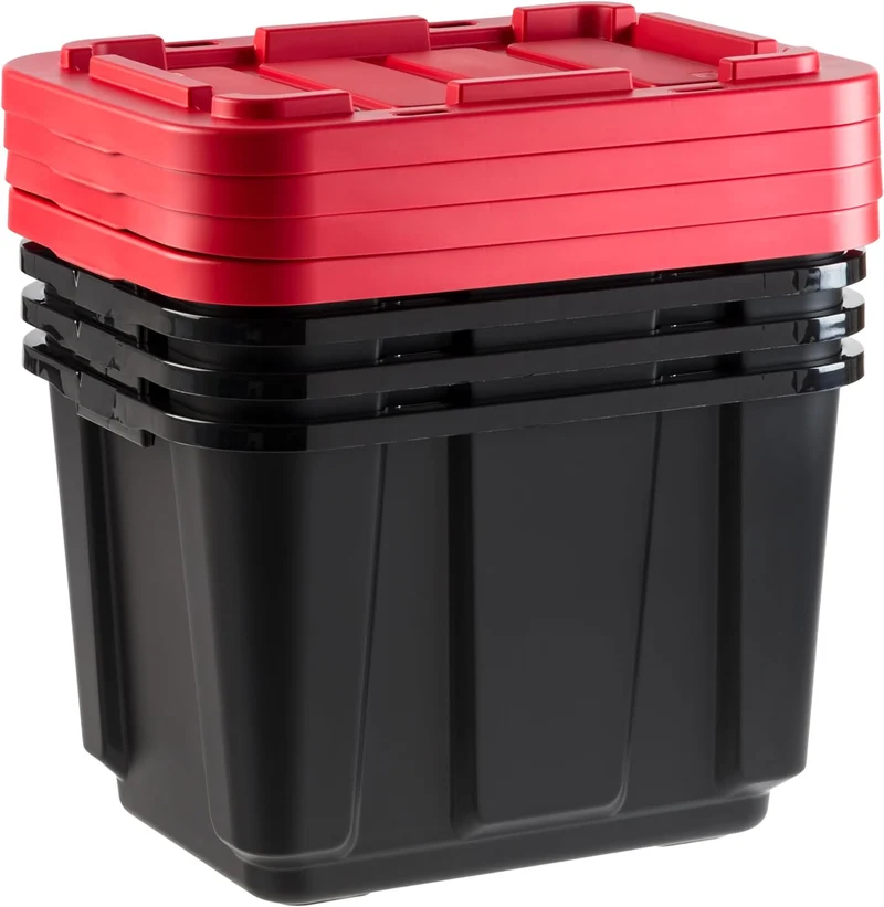 IRIS USA 11.5Gal/46Qt 4 Pack All-Weather Heavy-Duty Stackable Storage Plastic Bin Tote Container with Quick Snap Lid (20" L x 15" W x 14" H) Black/Red