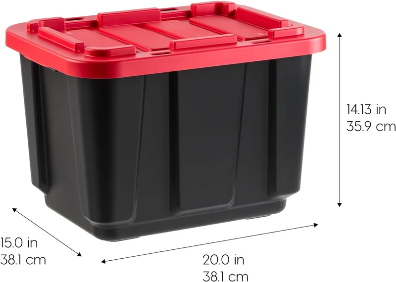 IRIS USA 11.5Gal/46Qt 4 Pack All-Weather Heavy-Duty Stackable Storage Plastic Bin Tote Container with Quick Snap Lid (20" L x 15" W x 14" H) Black/Red