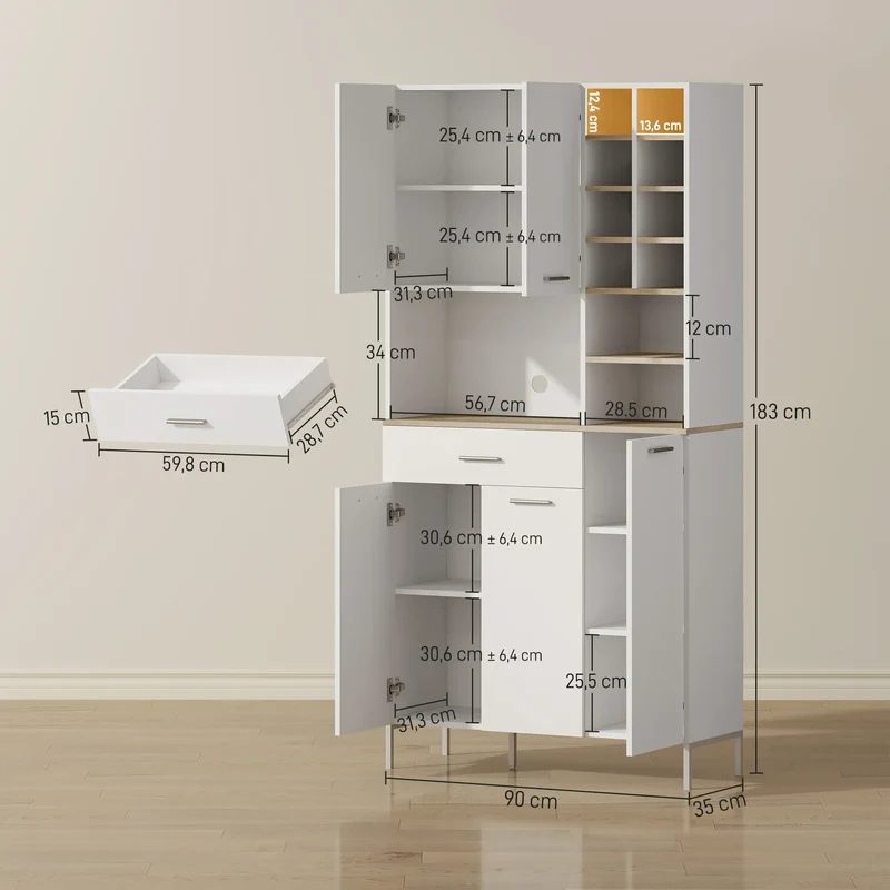 Nancy's Manzano Keukenkast Vrijstaand - Opbergkast - Voorraadkast - Buffetkast - Wit - ± 90 x 35 x 185 cm