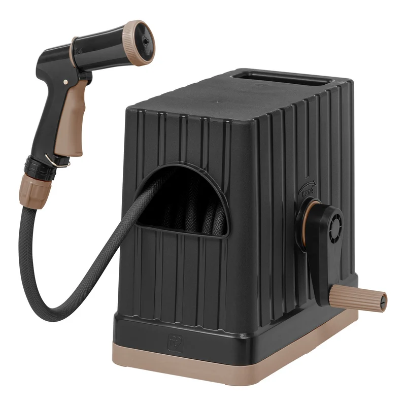 All-In-One Retractable Hose Reel with Garden Hose, Nozzle, and Hose Connector, 5 Spray Pattern Hose Nozzle, Portable Retractable Garden Hose Reel Storage Box for Outside - Black