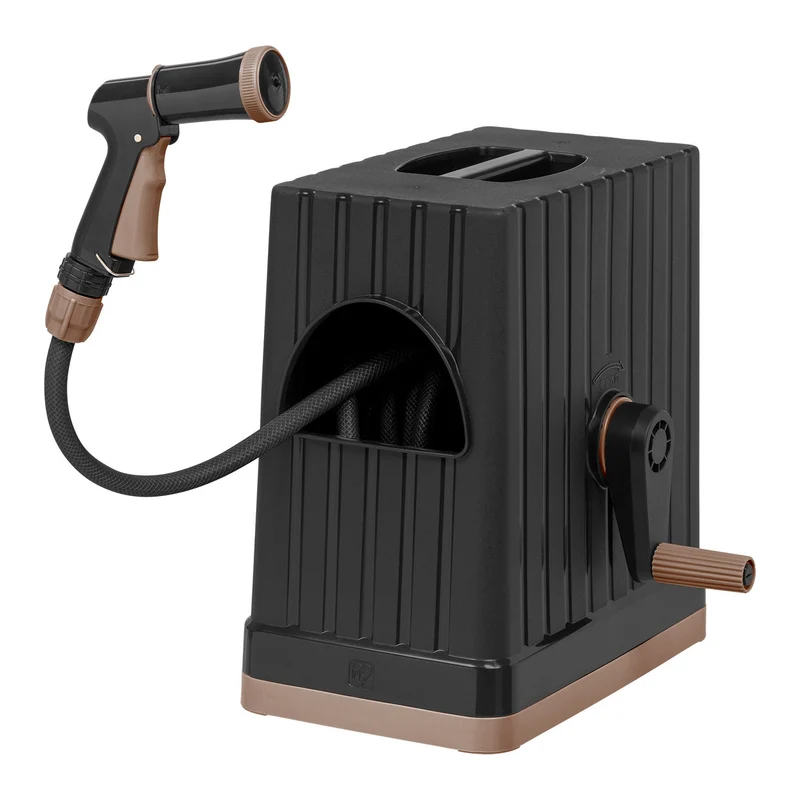 All-In-One Retractable Hose Reel with Garden Hose, Nozzle, and Hose Connector, 5 Spray Pattern Hose Nozzle, Portable Retractable Garden Hose Reel Storage Box for Outside - Black