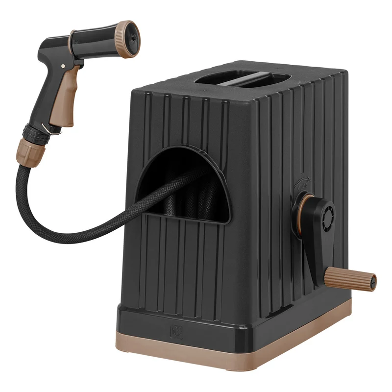 All-In-One Retractable Hose Reel with Garden Hose, Nozzle, and Hose Connector, 5 Spray Pattern Hose Nozzle, Portable Retractable Garden Hose Reel Storage Box for Outside - Black