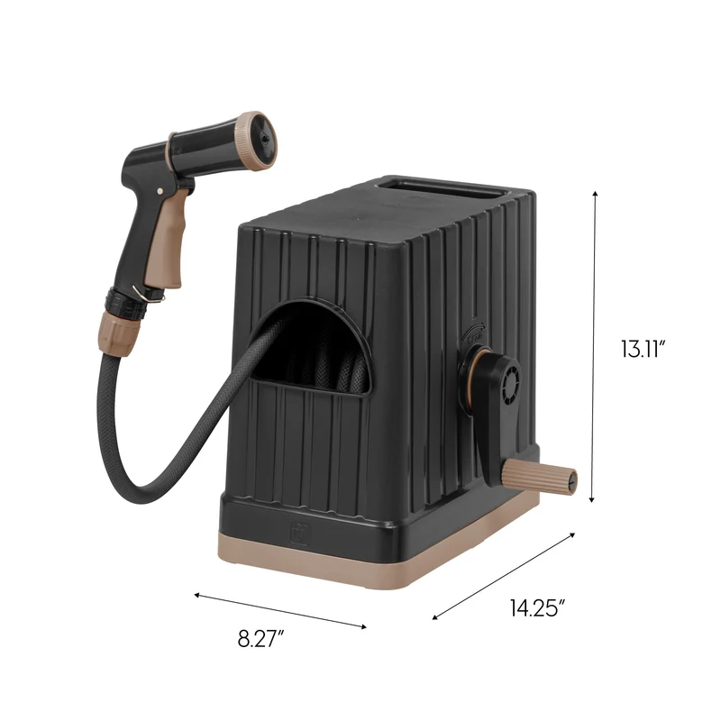 All-In-One Retractable Hose Reel with Garden Hose, Nozzle, and Hose Connector, 5 Spray Pattern Hose Nozzle, Portable Retractable Garden Hose Reel Storage Box for Outside - Black