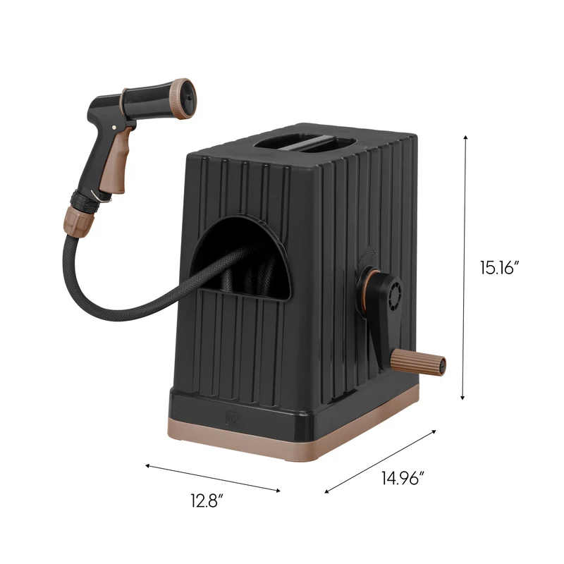 All-In-One Retractable Hose Reel with Garden Hose, Nozzle, and Hose Connector, 5 Spray Pattern Hose Nozzle, Portable Retractable Garden Hose Reel Storage Box for Outside - Black
