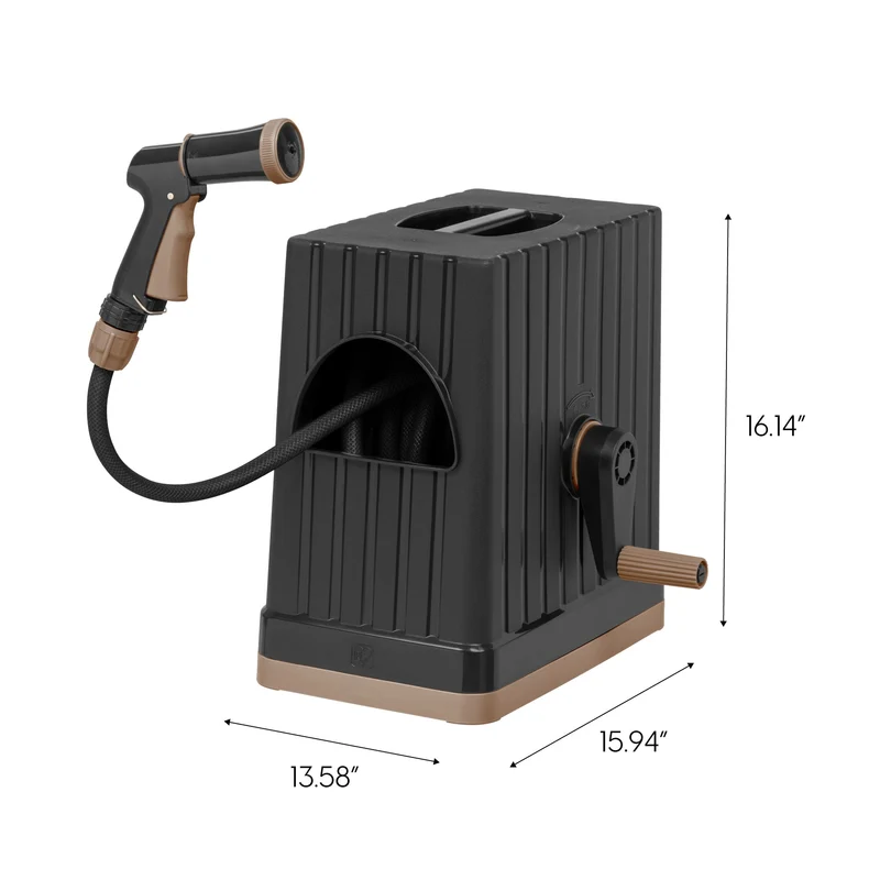 All-In-One Retractable Hose Reel with Garden Hose, Nozzle, and Hose Connector, 5 Spray Pattern Hose Nozzle, Portable Retractable Garden Hose Reel Storage Box for Outside - Black