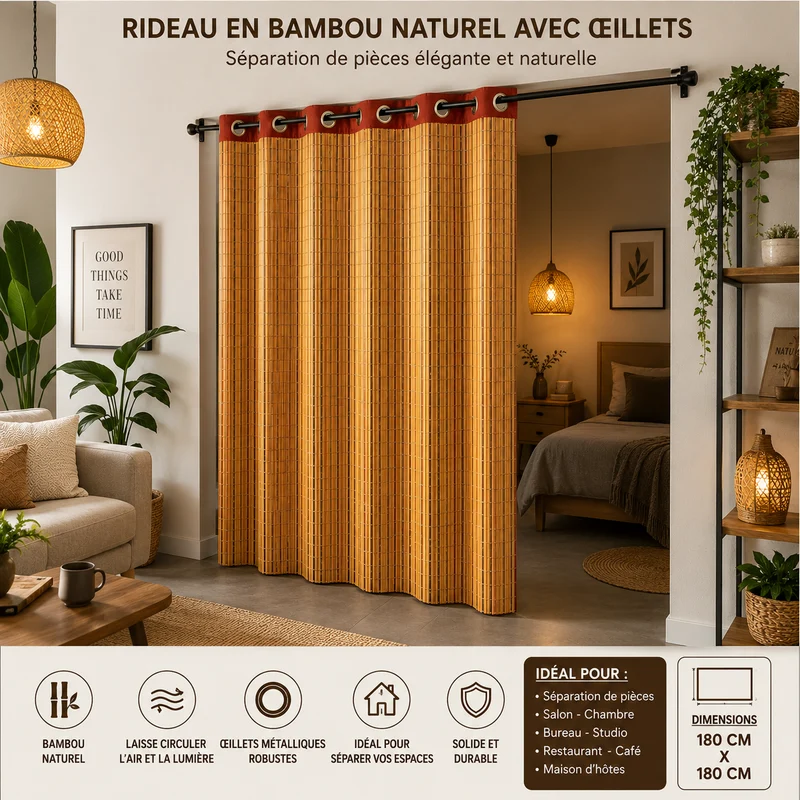 Rideau en Bambou Naturel – 180 × 180 cm