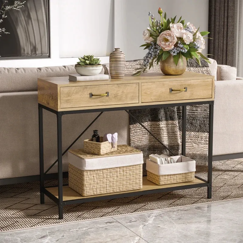Nancy's Boivaes Sidetable - Consoletafel - Bijzettafel - Bruin / Zwart - Staal - ± 100 x 35 x 75 cm