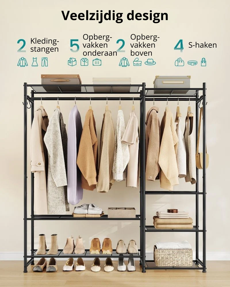 Nancy's Pradleves Kledingrek - Kledingstang - Garderoberek - Zwart - Staal - ± 125 x 30 x 155 cm
