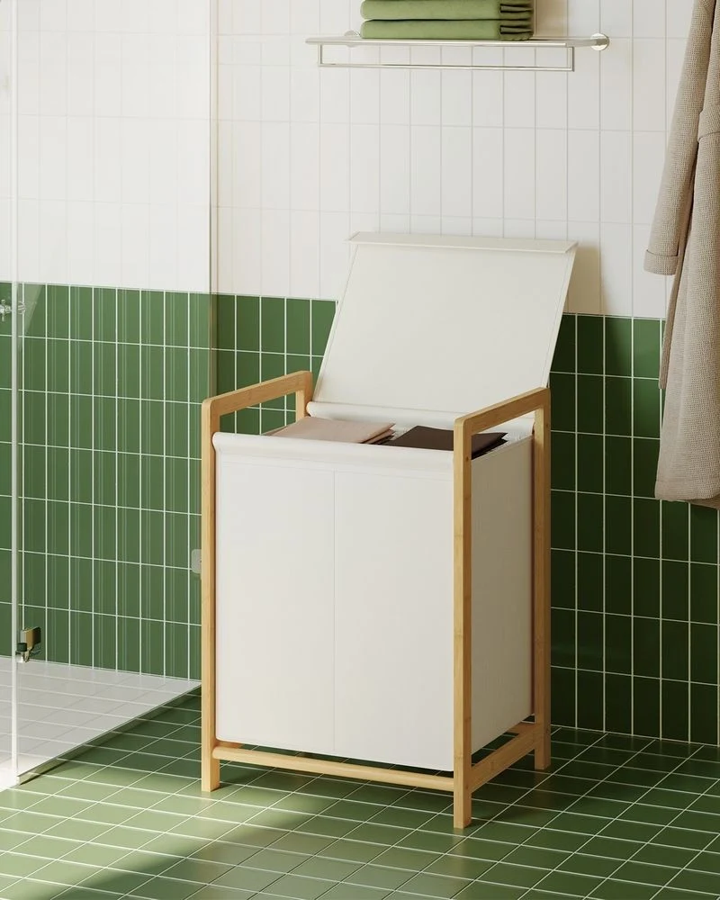 Nancy's Pradleves Wasmand met 2 vakken - Wassorteerder - Wasbox - Crèmewit - Bamboe - 100 Liter