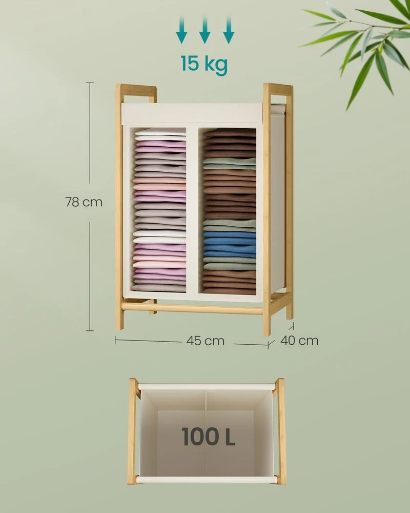 Nancy's Pradleves Wasmand met 2 vakken - Wassorteerder - Wasbox - Crèmewit - Bamboe - 100 Liter