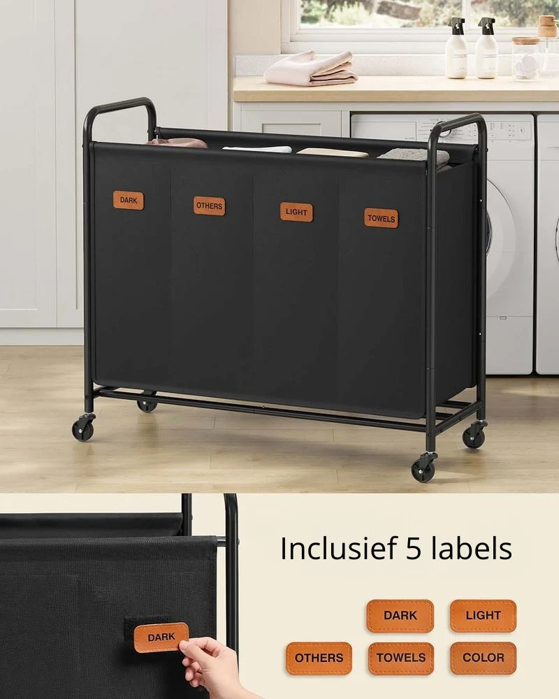 Nancy's Gremiasco Wasmand - Wasbox - Wassorteerder - 4 Vakken - Zwart - 200 Liter