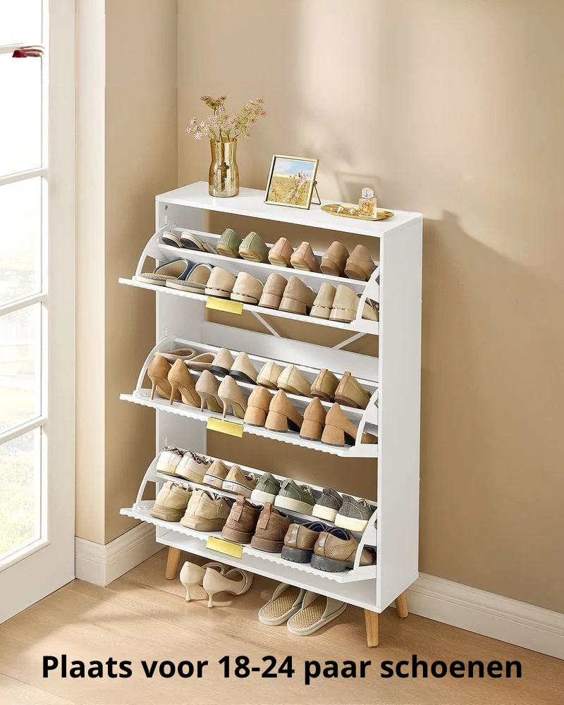 Nancy's Povo Schoenenkast - Schoenen opbergen - Geribbelde deuren - Wit - ± 80 x 25 x 125 cm
