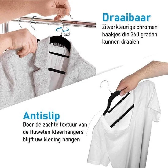 Nancy's Eleganca Kledinghangers - Set van 50 - Kleerhangers - Met Broeklat - Ansi-slip - Zwart - Kunststof