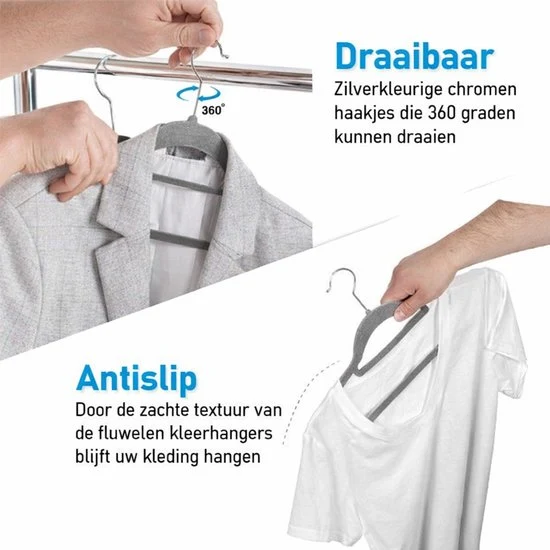 Nancy's Eleganca Kledinghangers - Set van 50 - Kleerhangers - Met Broeklat - Ansi-slip - Grijs - Kunststof