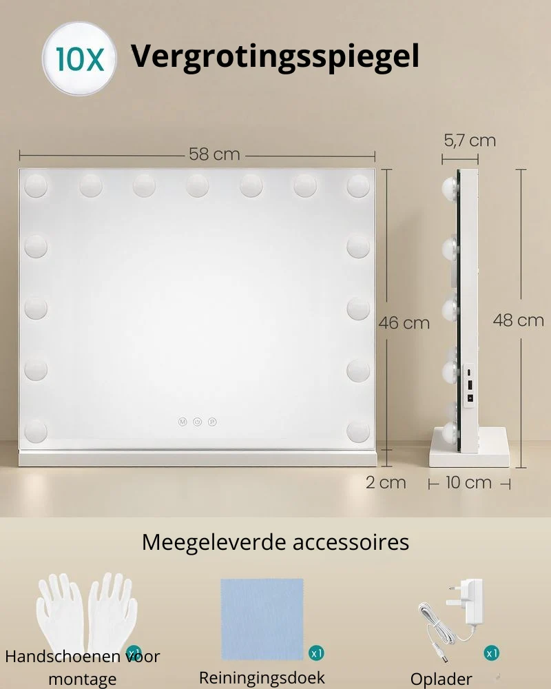 Nancy's Ternate Make-Up Spiegel - Hollywood Spiegel - Make Up Spiegel met Verlichting - Wit - 48 x 58 x 5,7 cm