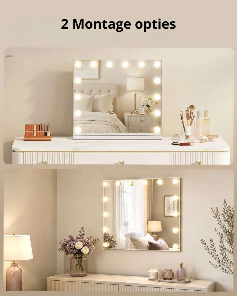 Nancy's Terracina Make-Up Spiegel - Hollywood Spiegel - Make Up Spiegel met Verlichting - Wit - 62 x 80 x 5,7 cm