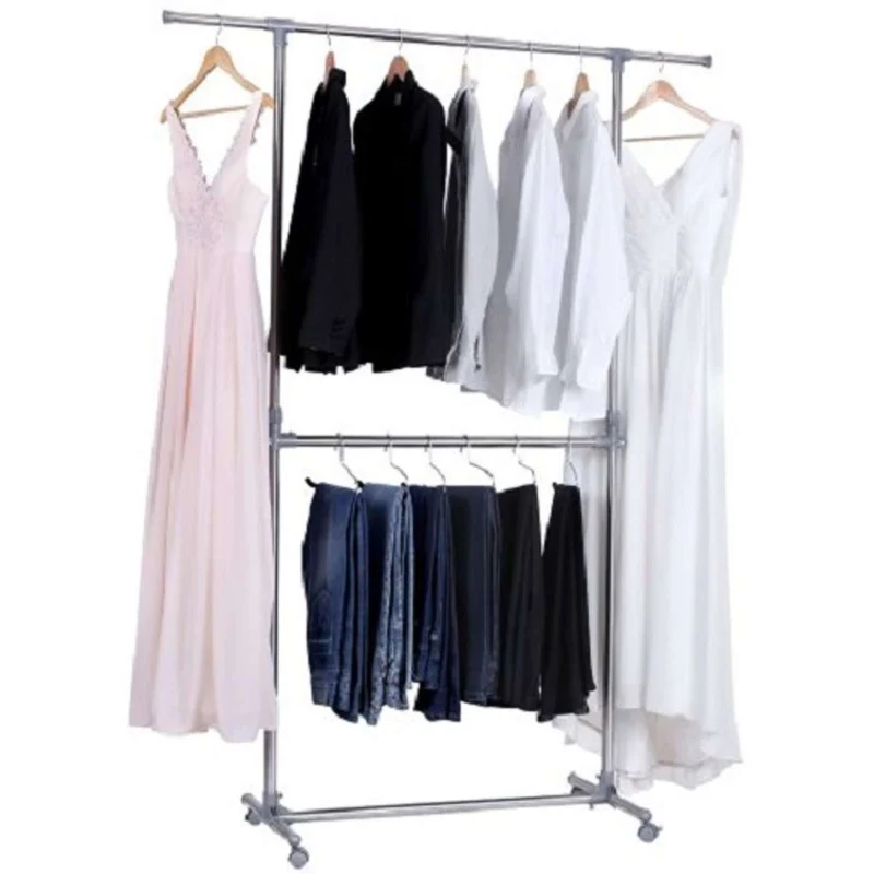 Nancy's Cleo Kledingrek - Staand 2 Laags Kledingrek, In Hoogte En Breedte Verstelbaar - Kleding Opbergrek Met Wielen - Verrijdbaar Kleding Rek Met 2 Stangen