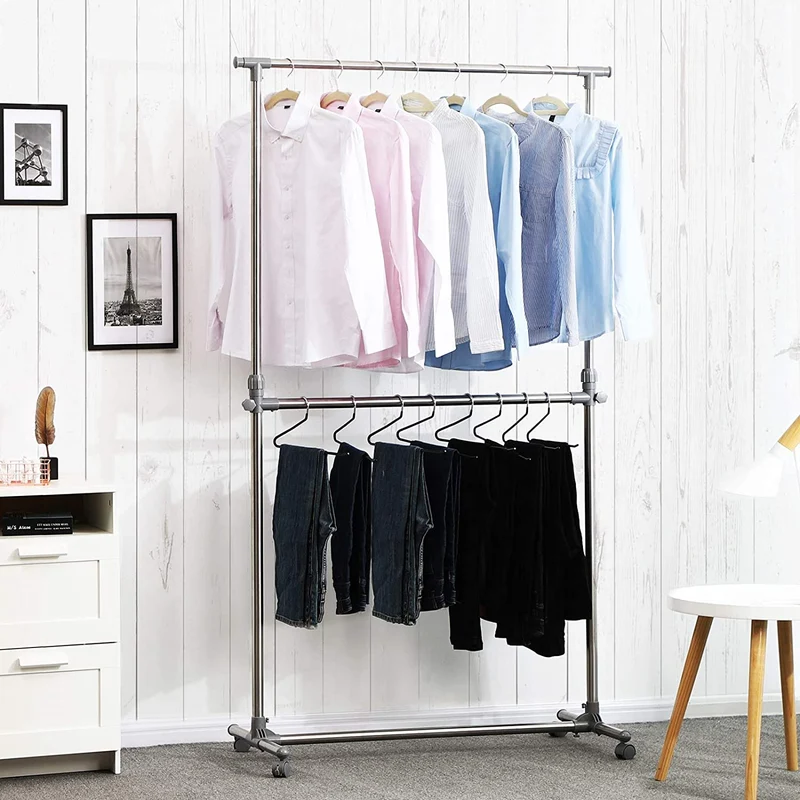 Nancy's Cleo Kledingrek - Staand 2 Laags Kledingrek, In Hoogte En Breedte Verstelbaar - Kleding Opbergrek Met Wielen - Verrijdbaar Kleding Rek Met 2 Stangen