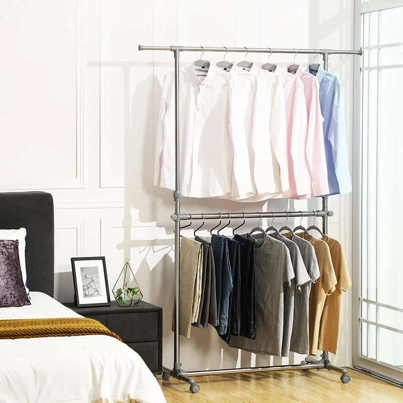 Nancy's Cleo Kledingrek - Staand 2 Laags Kledingrek, In Hoogte En Breedte Verstelbaar - Kleding Opbergrek Met Wielen - Verrijdbaar Kleding Rek Met 2 Stangen